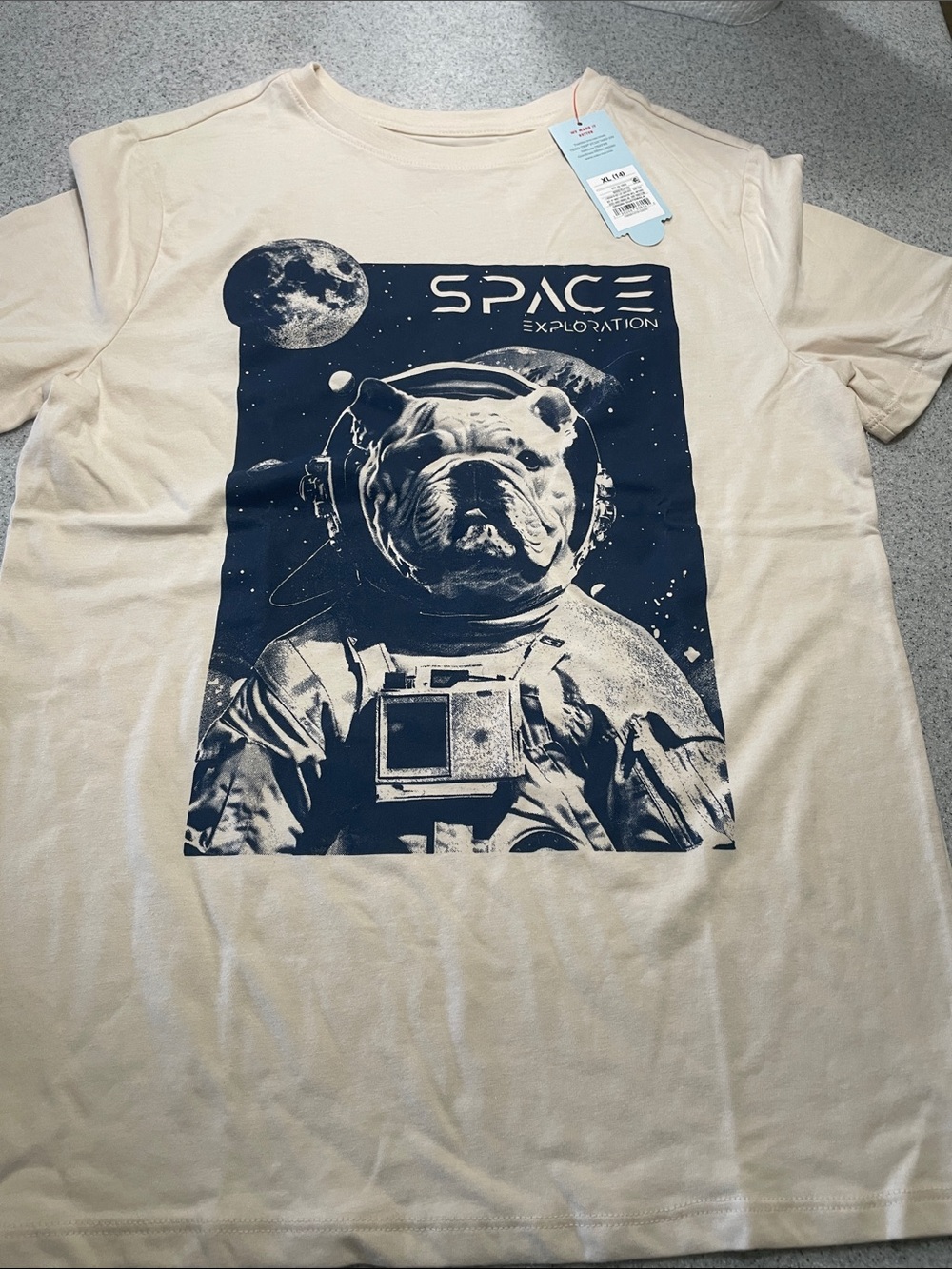 Space Exploration Bulldog Graphic Tee - Cream with Navy Print XL (14)